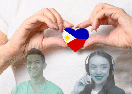 Hands forming a heart with the Philippine flag, showing pride in Filipino healthcare and virtual assistants.